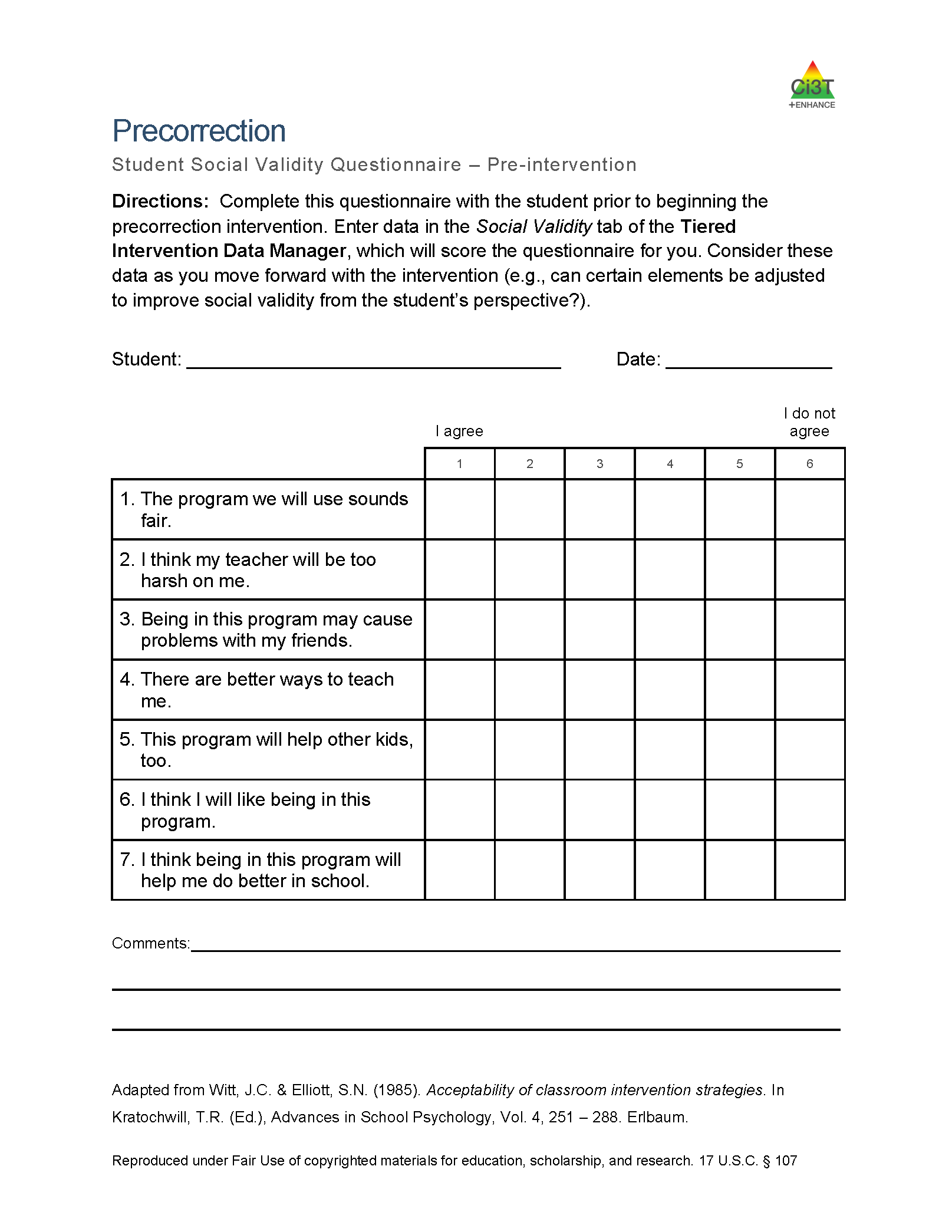 Precorrection social validity student