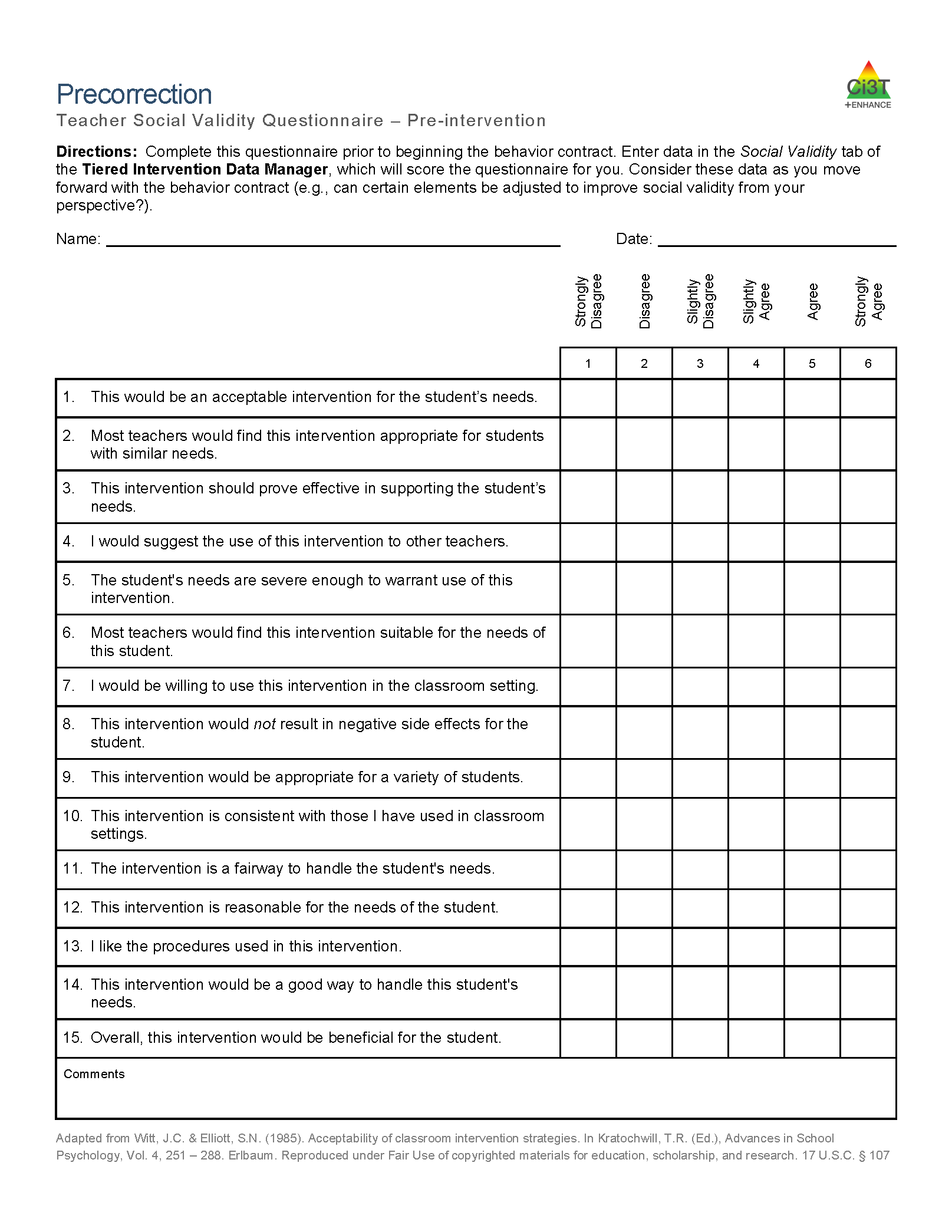 Precorrection social validty educator