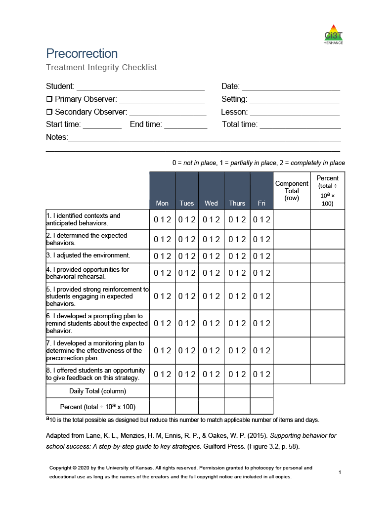 Precorrection treatment integrity checklist