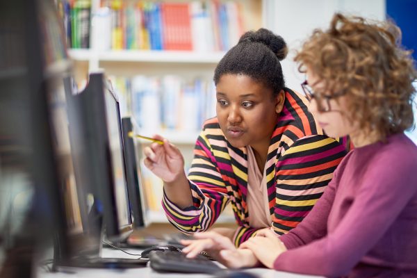 Young teacher pointing at monitor assisting student in using computer at university